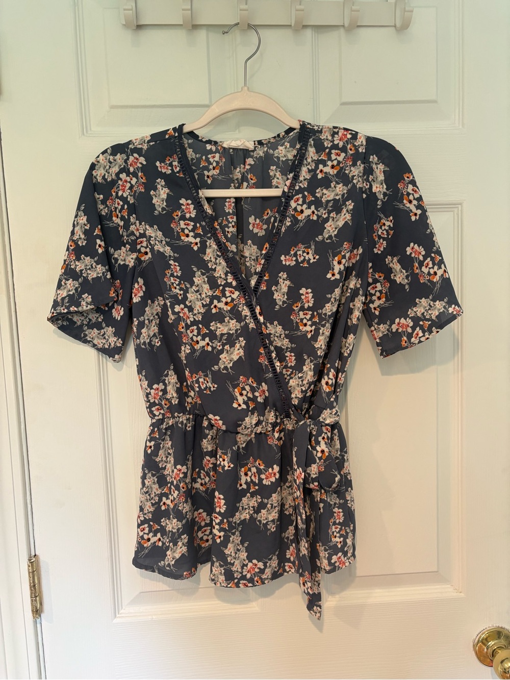 Floral Wrap Peplum Top - Navy, S